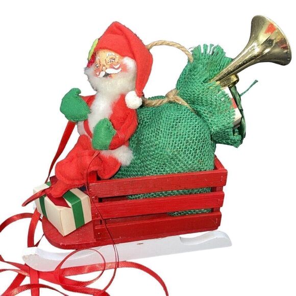 Annalee Other - VTG HTF 1980 Annalee Mobilitee Santa Wood Sleigh Gifts Bag French Horn Red Green